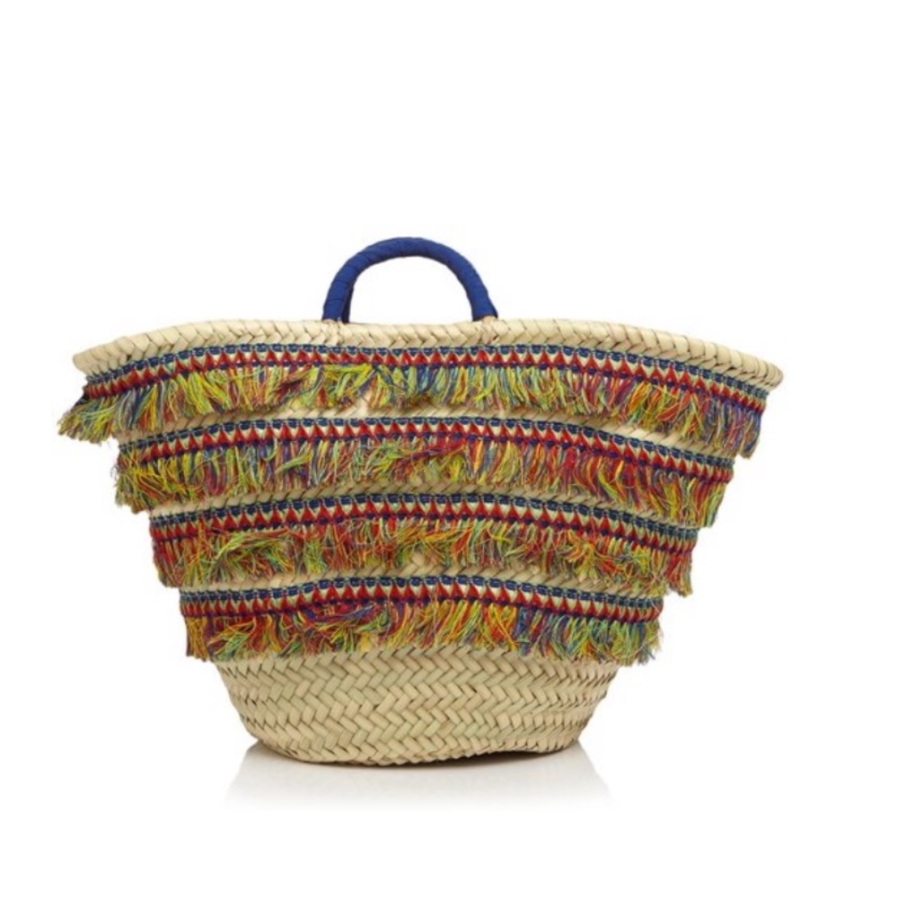 Caterina Bertini Multicolor Fringe Straw Tote Woven Basket Handbag Boho Topical